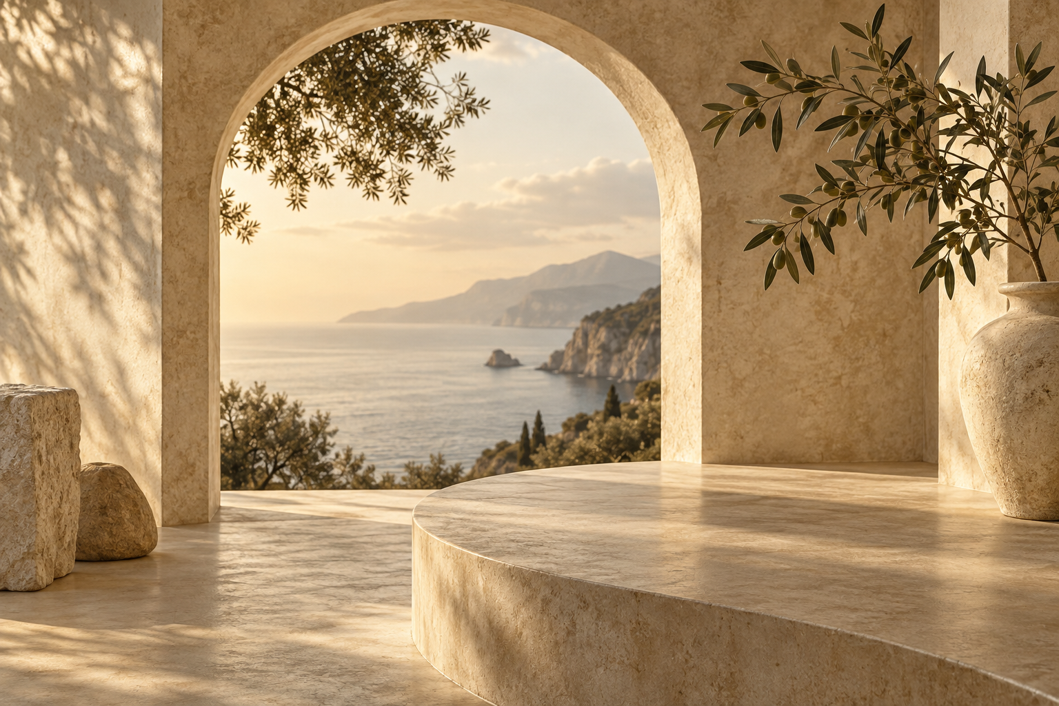 warm limestone arch, olive branch and curved sand-toned surface, luxurious calm architectural still life, no yoga product claims